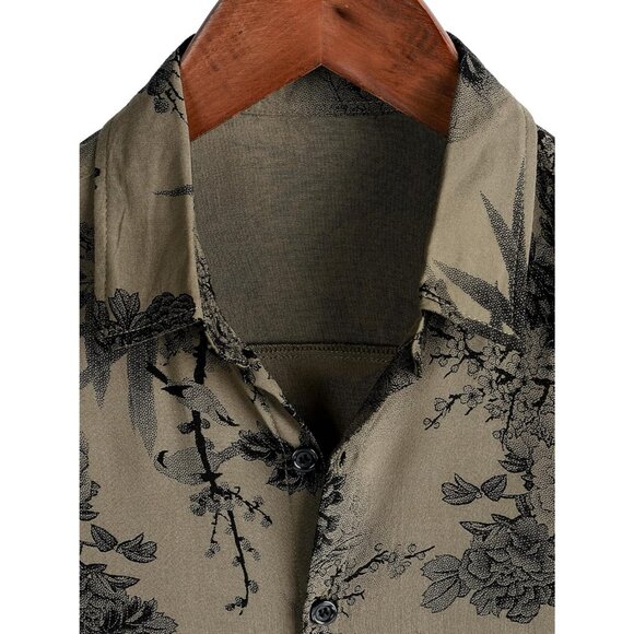 Mens Khaki Hawaiian Shirt Short Sleeve Button Down Tropical Floral Casual Beach - Picture 3 of 6